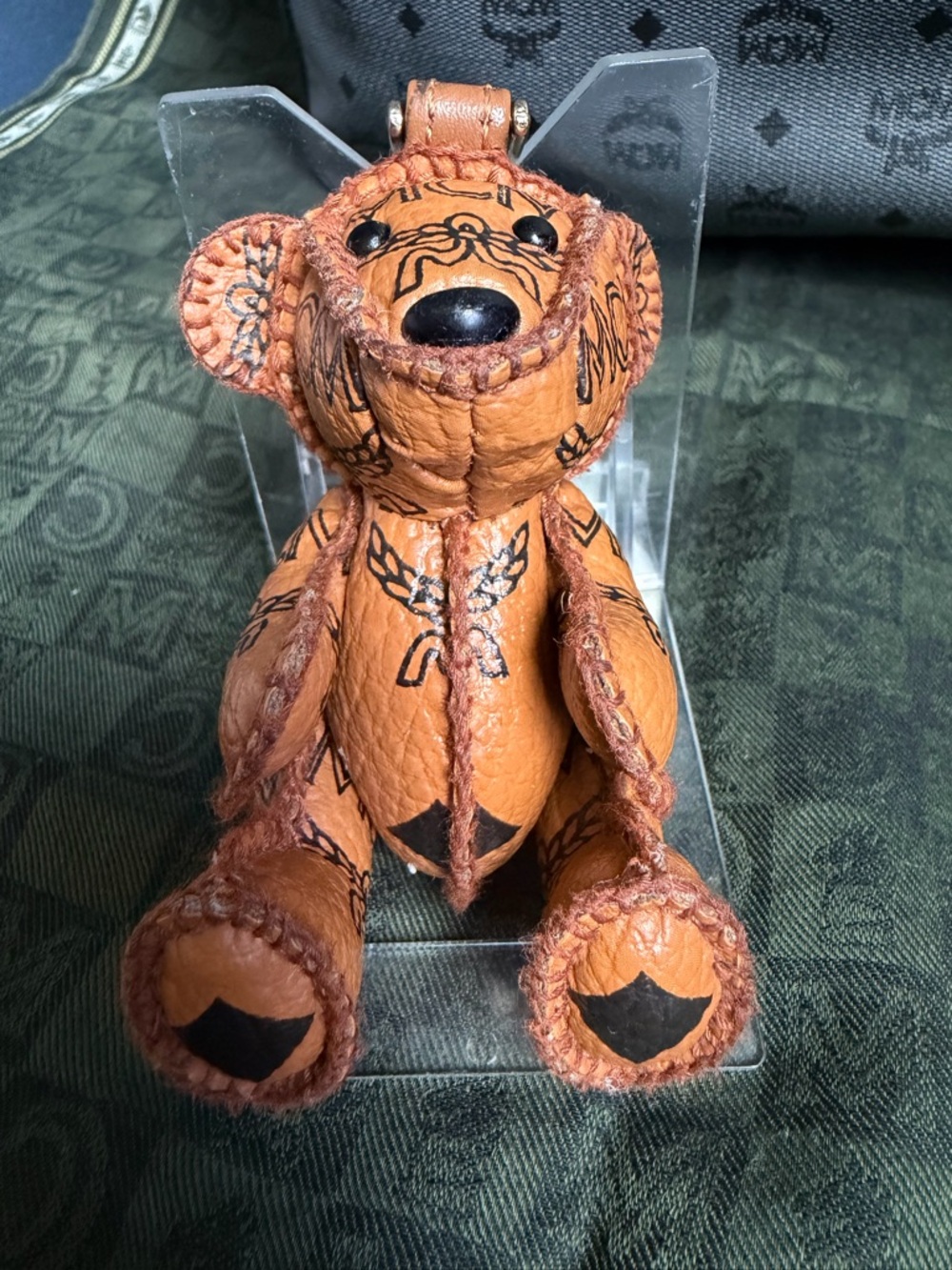 MCM Brown Leather Bear Key Charm with Black Logo Accents